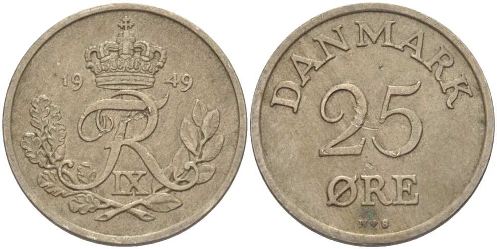 Дания 25 эре 1949 N; S, Фредерик IX (1947-1972) KM 842.1 медно-никель 67-912