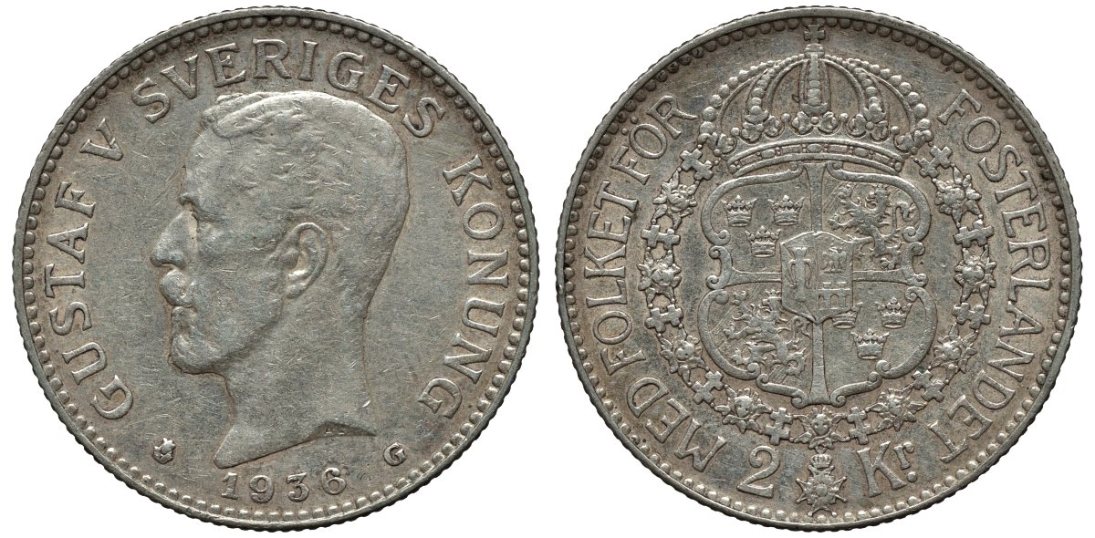 Швеция 2 кроны 1936 G, Густав V (1907-1950) KM 787 серебро 00-00