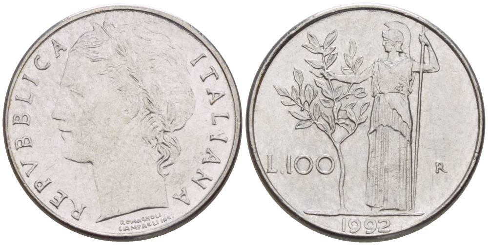 ИТАЛИЯ 100 ЛИР 1992 R, АФИНА У ОЛИВКОВОГО ДЕРЕВА, ДИАМЕТР 18 ММ. KM 96.2 нержавеющая сталь 4551-441