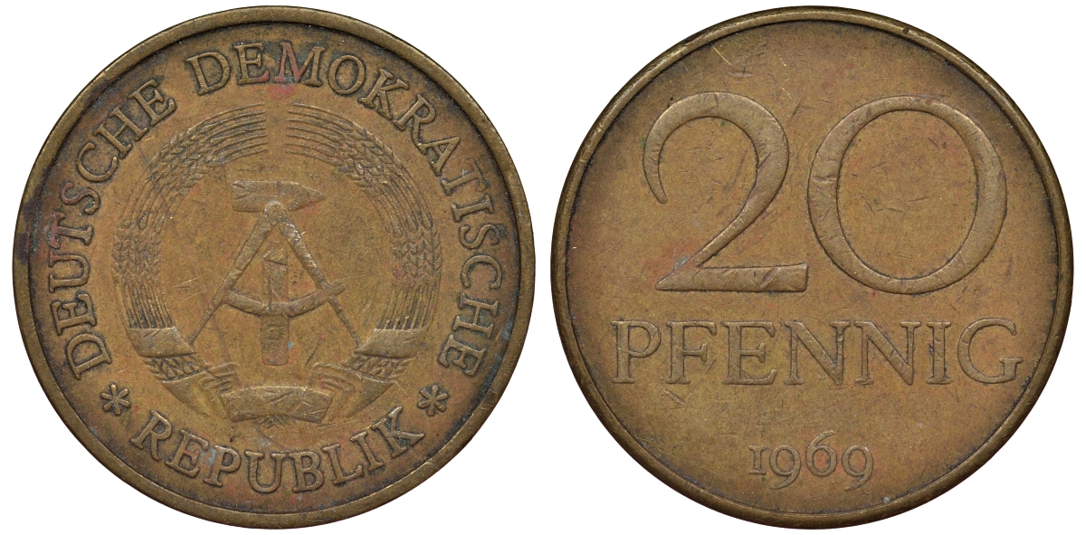 ГДР 20 пфеннигов 1969 А, первый год KM 11 латунь 62-957