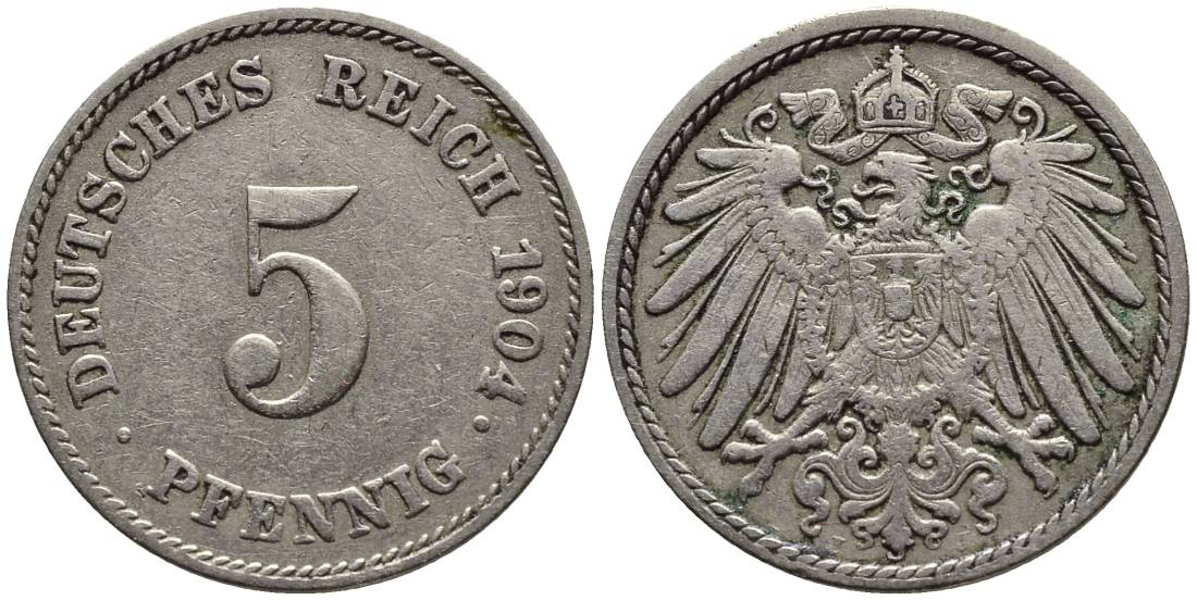 ГЕРМАНИЯ 5 ПФЕННИГОВ 1904 J KM 11, Jager 12, Weege 6 медно-никель 4547-442