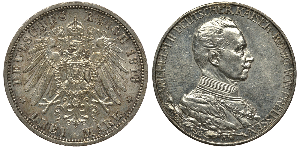 Пруссия 3 марки 1913 Вильгельм II (1888-1918) в мундире KM 535, J.112 серебро aUNC 413-6625