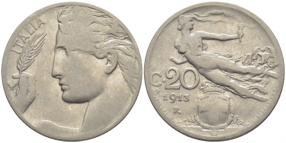 Италия 20 чентезимо 1913 R, Виктор Эммануил III (1900-1946) KM 44 никель 4448-225