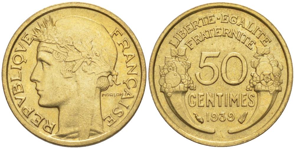 ФРАНЦИЯ 50 САНТИМОВ 1939 ТИП MORLON KM 894.1, LE FRANC 192.15 алюминиевая бронза 44-847