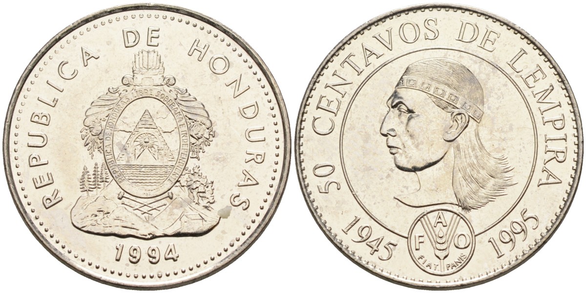 Гондурас 50 сентаво 1994 50 лет FAO, бюст касика Лемпира KM 88 сталь плакированная никелем UNC 4589-1254