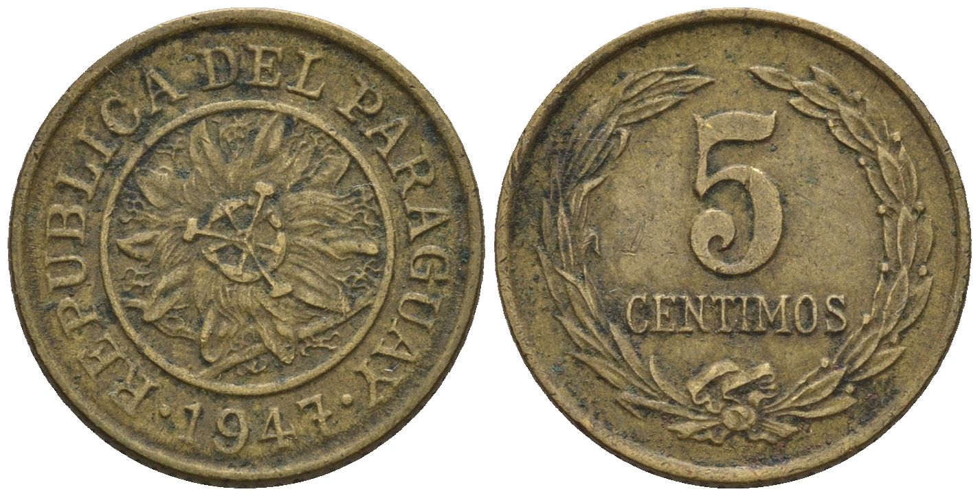 Парагвай 5 сентимо 1947  KM 21 алюминиевая бронза    220-1017