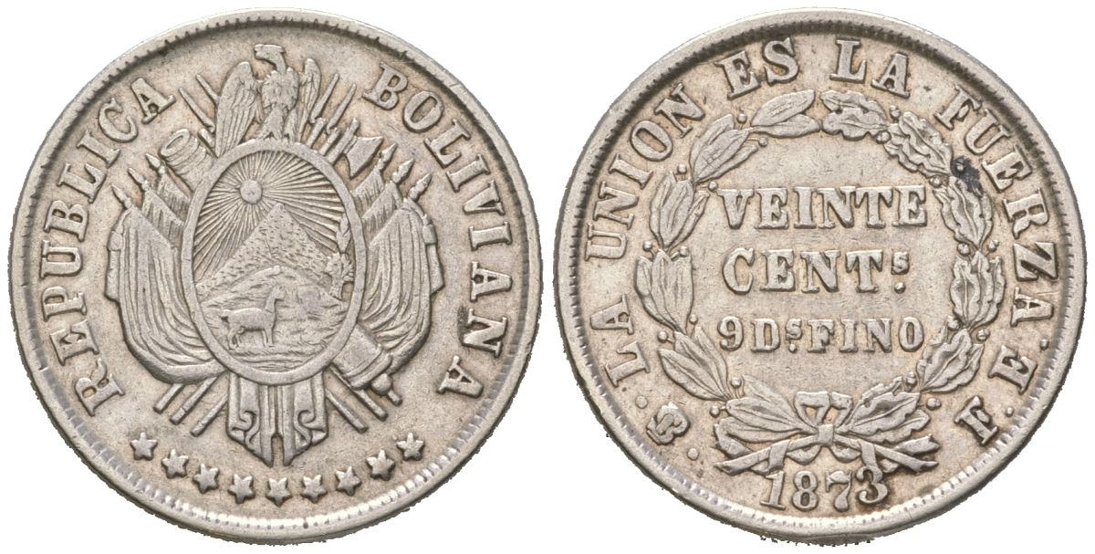 Боливия 20 сентаво 1873 KM 159.1 серебро 34-1224