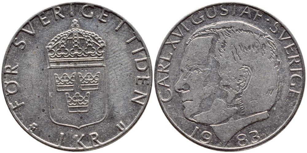 Швеция 1 крона 1983 Карл XVI Густав (1973- ) KM 852a медно-никель 4397-1121