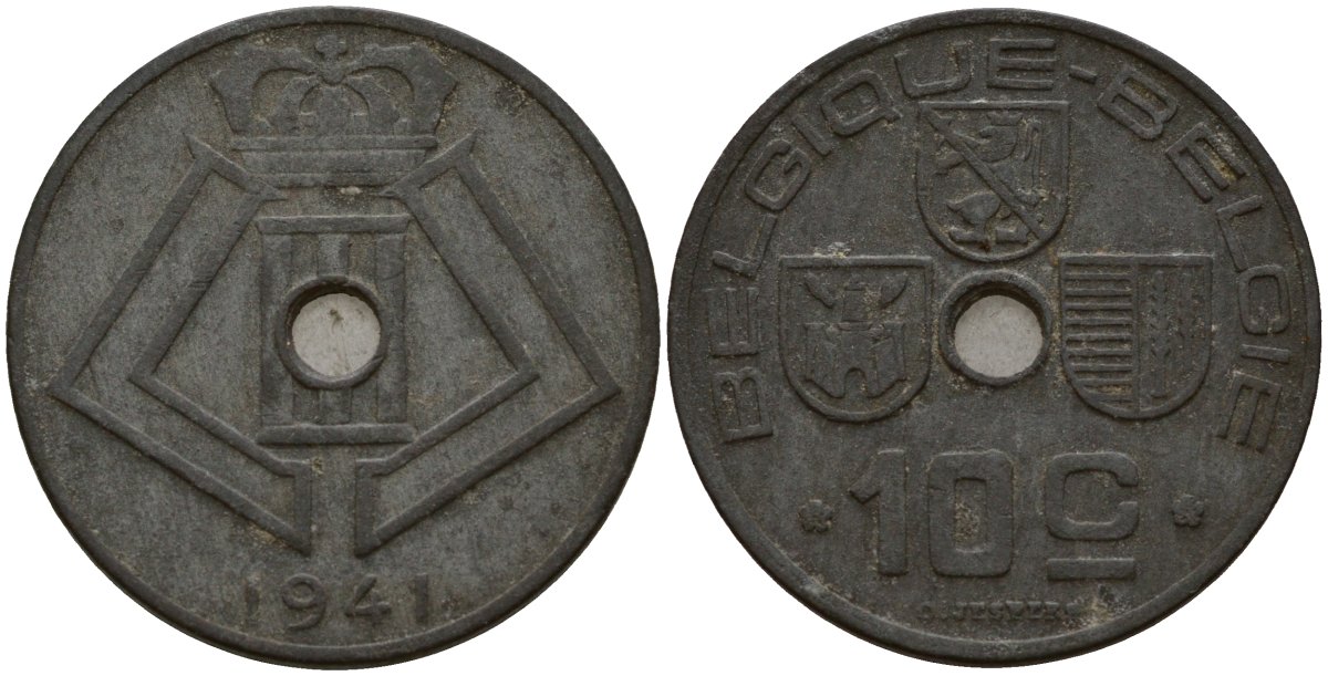 Бельгия 10 сантимов 1941 Belgique - Belgie, Леопольд III (1934-1947), германская оккупация, Вторая мировая война KM 125 цинк 4161-314