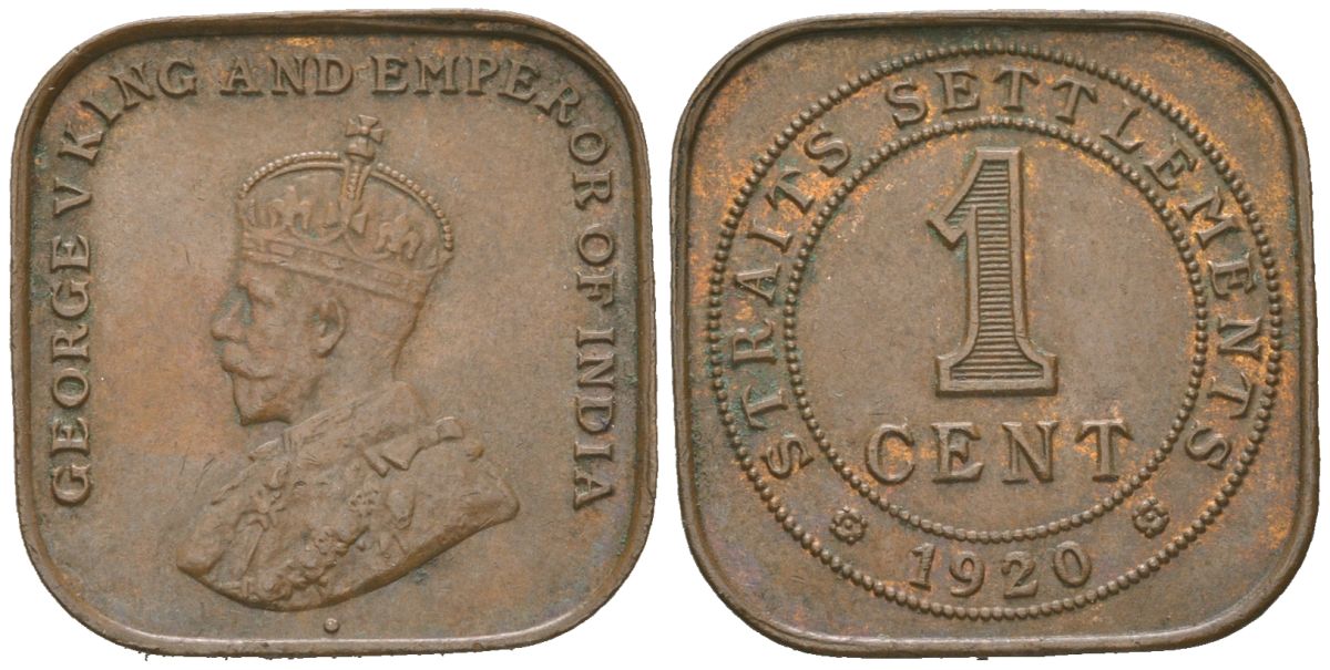Стрейтс Сетлментс 1 цент 1920 Британская Малайя KM 32 бронза 4617-327