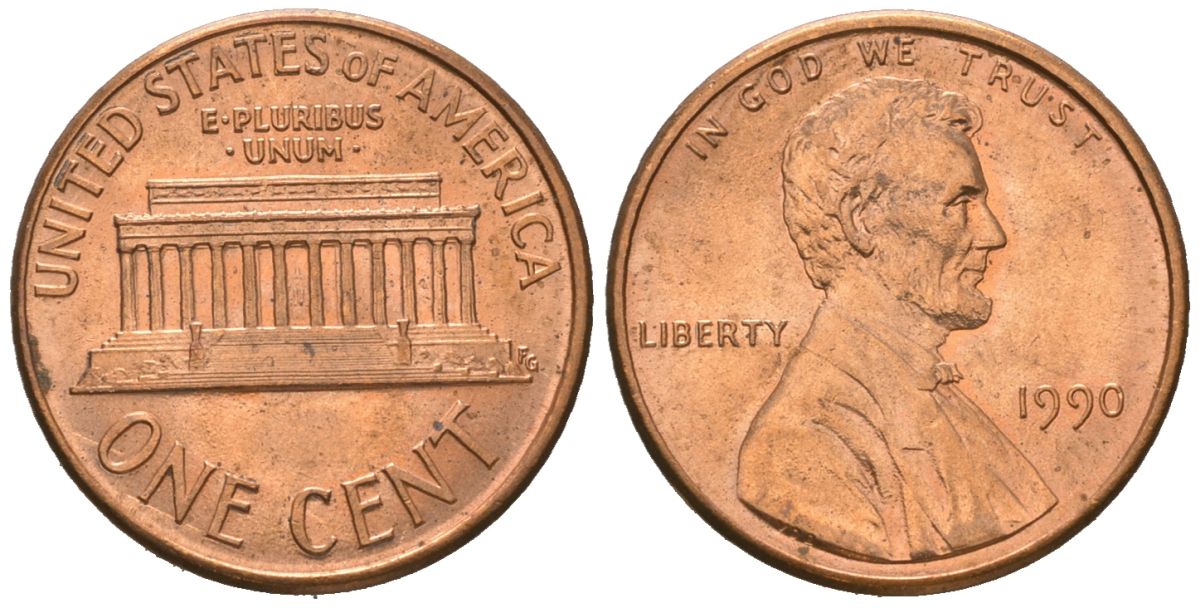США 1 цент 1990 Авраам Линкольн KM 201b цинк плакированная медью aUNC 220-1011