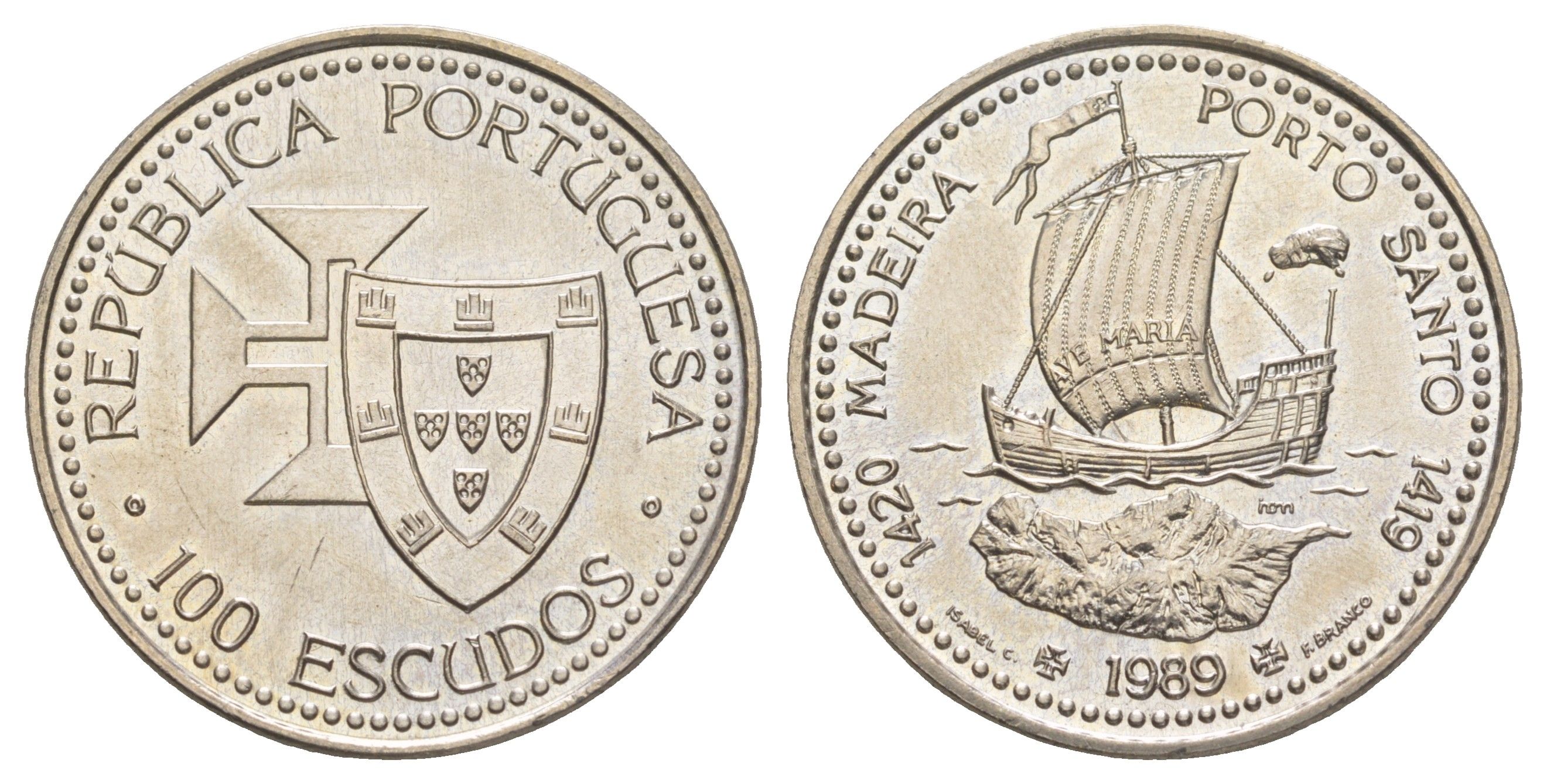 Португалия 100 эскудо 1989 Золотой век открытий - Открытие острова Мадейра KM 647 медно-никель UNC 4185-322