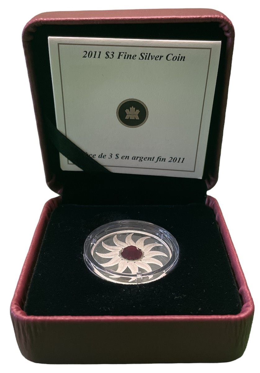 Канада 3 доллара 2011 на день рождения, июль, камень месяца рубин KM NEW серебро PROOF 4-3-4-31