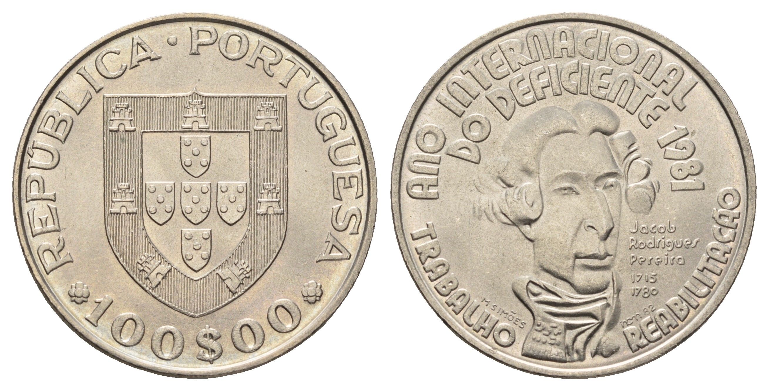 Португалия 100 эскудо 1982 Международный год инвалидов KM 625 медно-никель UNC 69-545