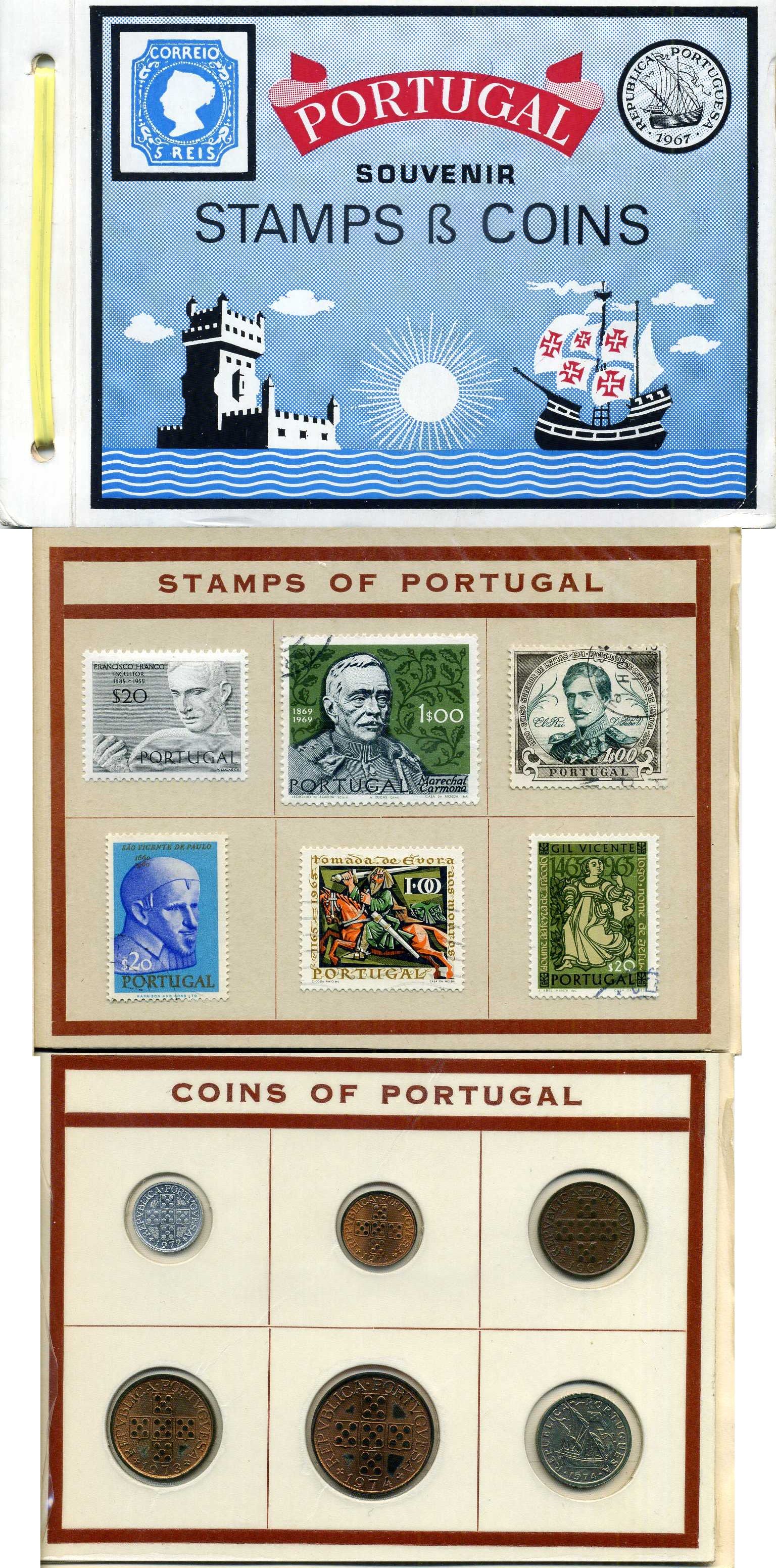 Португалия сувенирные набор из 6 монет (10, 20 и 50 сентаво; 1 и 2,5 эскудо) и 6 марок 1967, 1972, 1973 и 1974 4-3-2-32