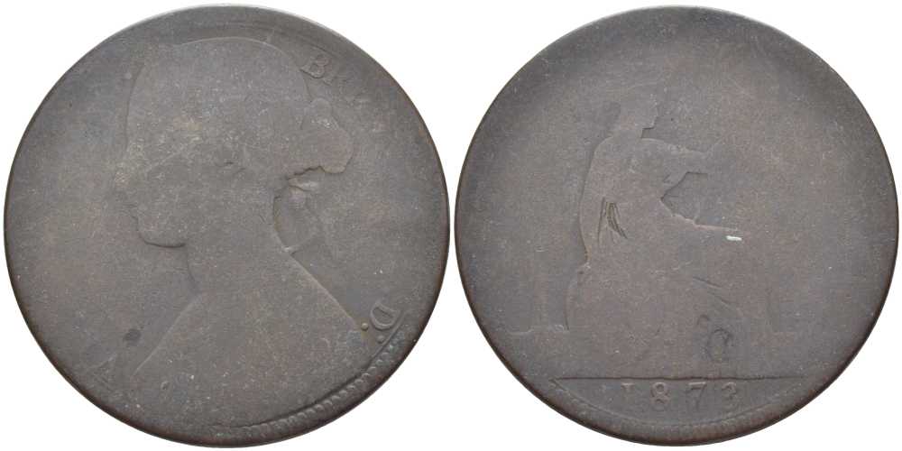 Великобритания 1 пенни 1873 Виктория (1837-1901) KM 749.2, Spink 3954 бронза 111-822
