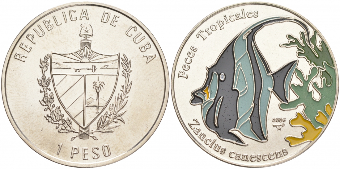 Куба 1 песо 2005 серия тропические рыбы, рогатый занкл (Zanclus canescens), цветная эмаль KM 867 никелированная сталь UNC M28-18