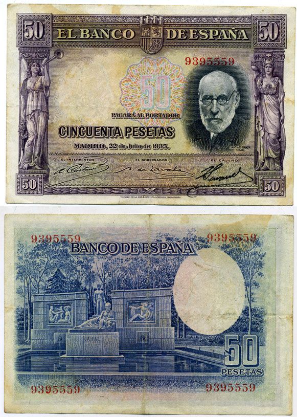 ИСПАНИЯ 50 ПЕСЕТ 1935 МАДРИД, 25 ИЮЛЯ 1935, САНТЬЯГО РАМОН-и-КАХАЛЬ (1852-1934) Pick 88 бумага 444-37-2
