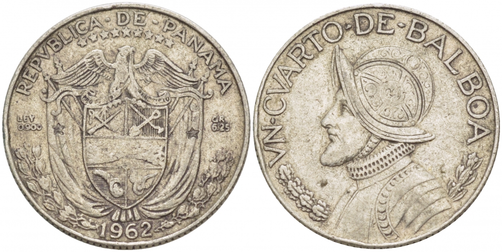 Панама 1/4 бальбоа 1962 Васко Нуньес де Бальбоа KM 11.2 серебро 261-856