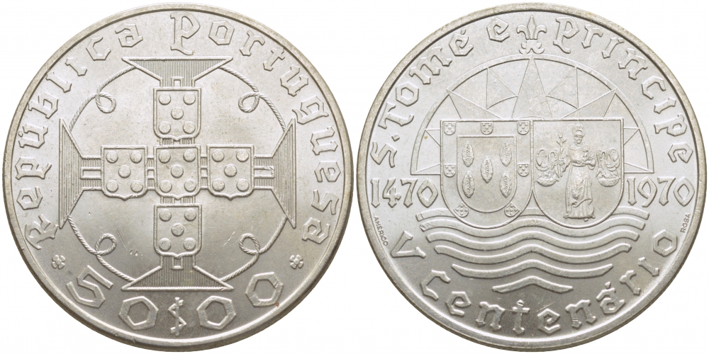 Португальское Сан-Томе и Принсипи 50 эскудо 1970 500 лет открытию Сан-Томе и Принсипи KM 21 серебро UNC 413-2044