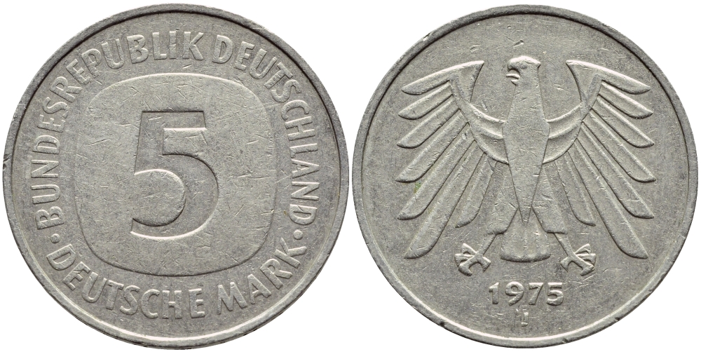 ФРГ 5 марок 1975 J, монетный двор Гамбург КМ 140.1, J. 415 медно-никель плакированный никелем 4389-745