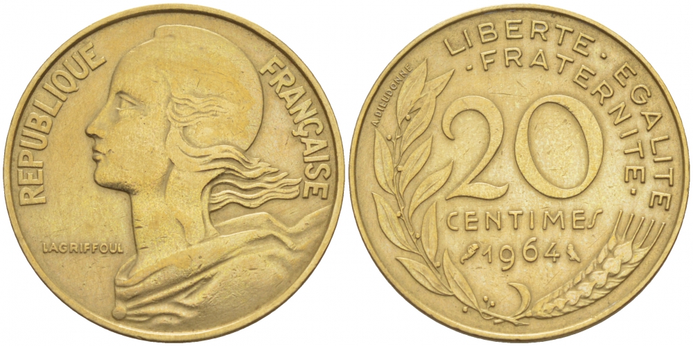 ФРАНЦИЯ 20 САНТИМОВ 1964 ТИП MARIANNE KM 930, LE FRANC 156.4 алюминиевая бронза 113-1224