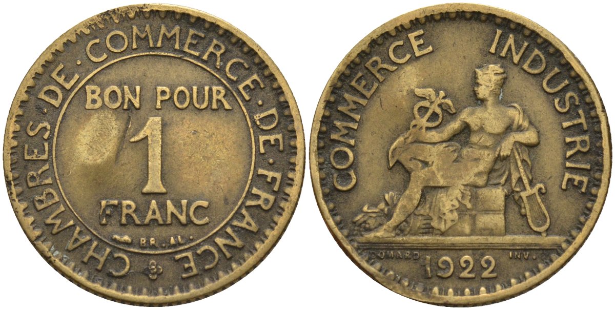 Франция 1 франк 1922 KM 876, Le Franc 218.5 алюминиевая бронза 4142-617
