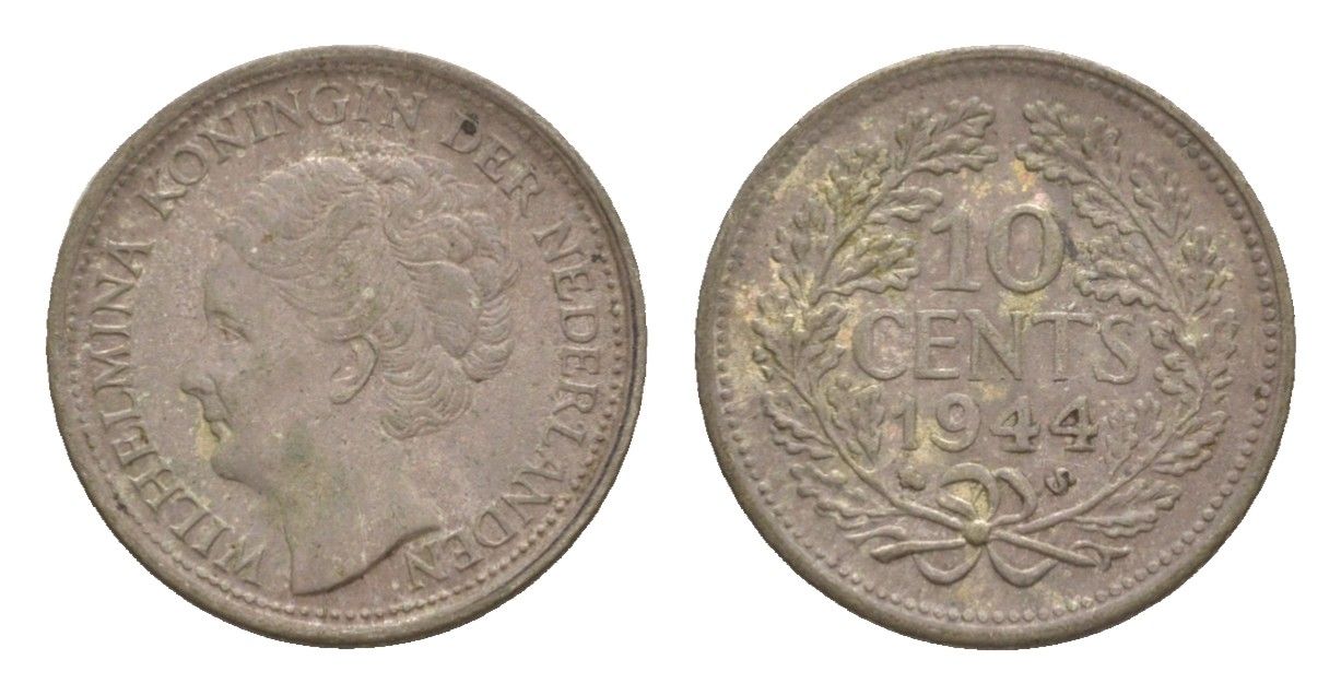 Нидерланды 10 центов 1944 Вильгельмина (1890-1948) KM 163 серебро 4659-213