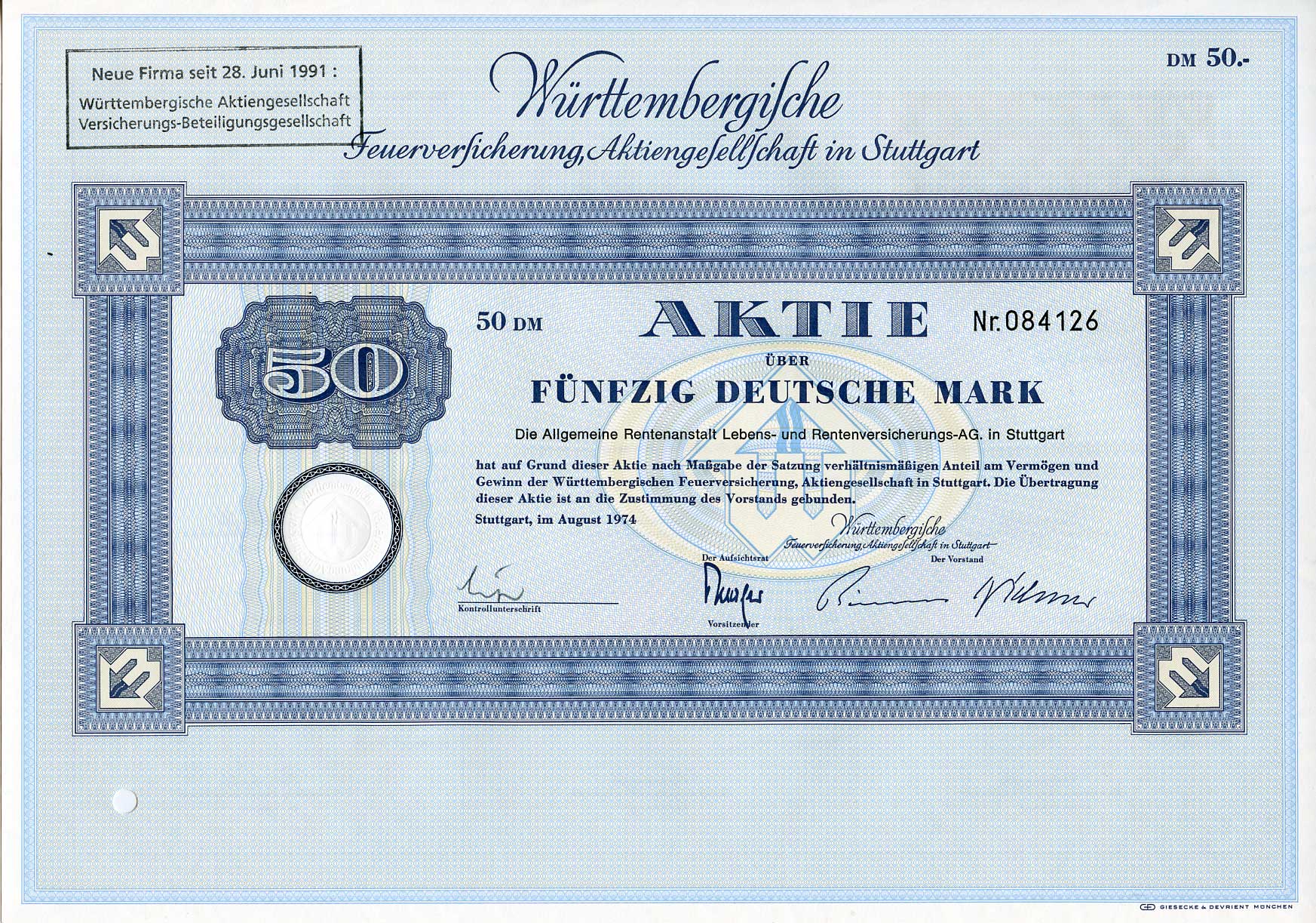 ФРГ 50 марок 1974 Акционерное общество по страхованию от пожаров Вюртемберга, акция   бумага   8803-82-1