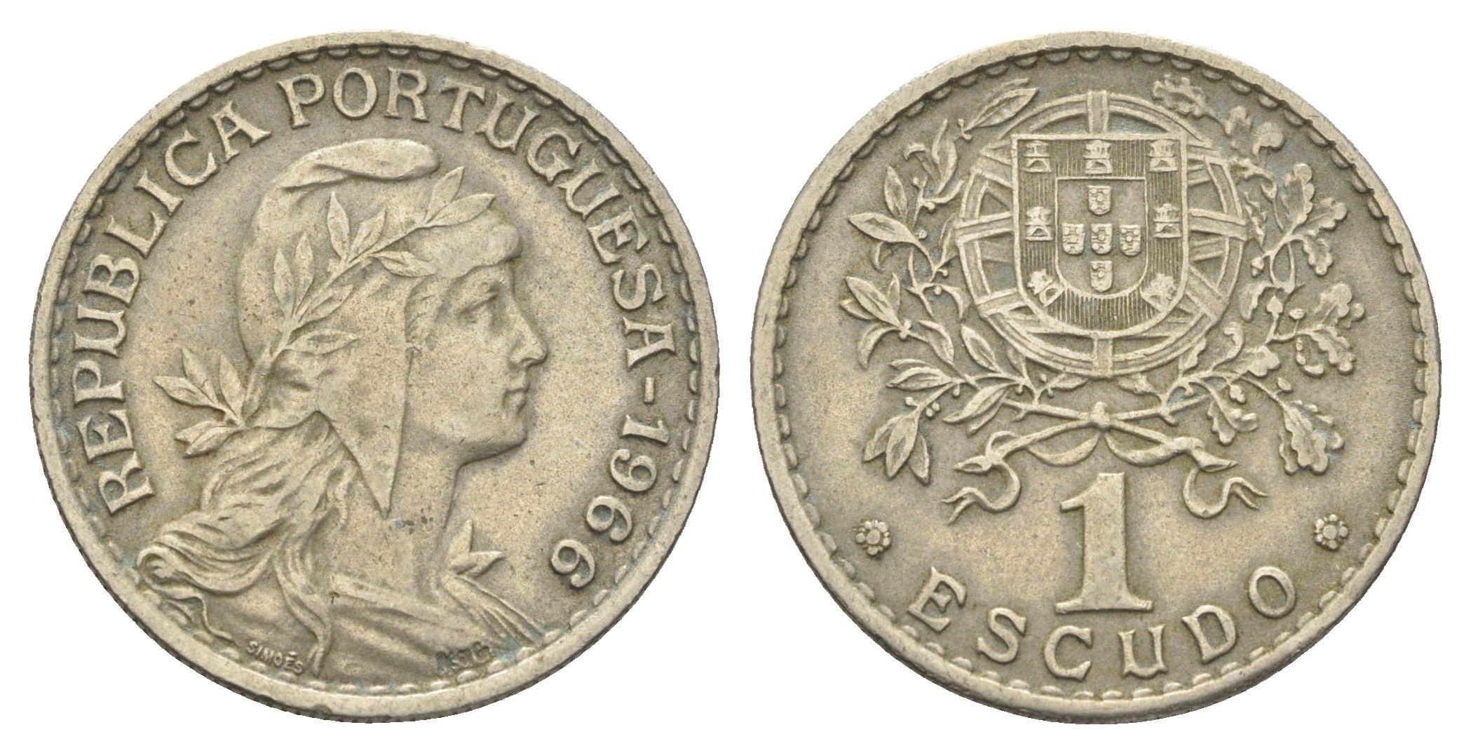 Португалия 1 эскудо 1966 голова Свободы вправо KM 578 никель латунь    4660-355