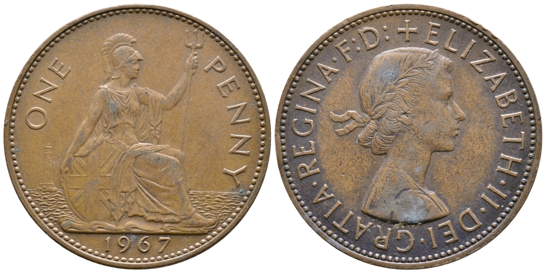 Великобритания 1 пенни 1967 Елизавета II (1952-2022) KM 897, Spink 4157 бронза 4364-4246
