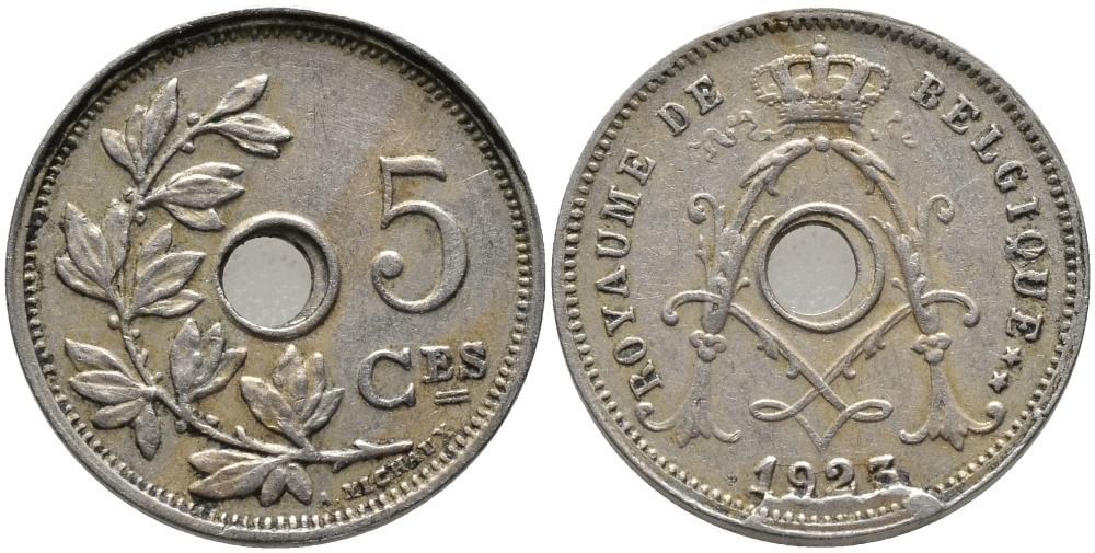 БЕЛЬГИЯ 5 САНТИМОВ 1923 BELGIQUE, БРАК ЗАГОТОВКИ, СМЕЩЕНИЕ ЦЕНТРАЛЬНОГО ОТВЕРСТИЯ KM 66 медно-никель 76-559
