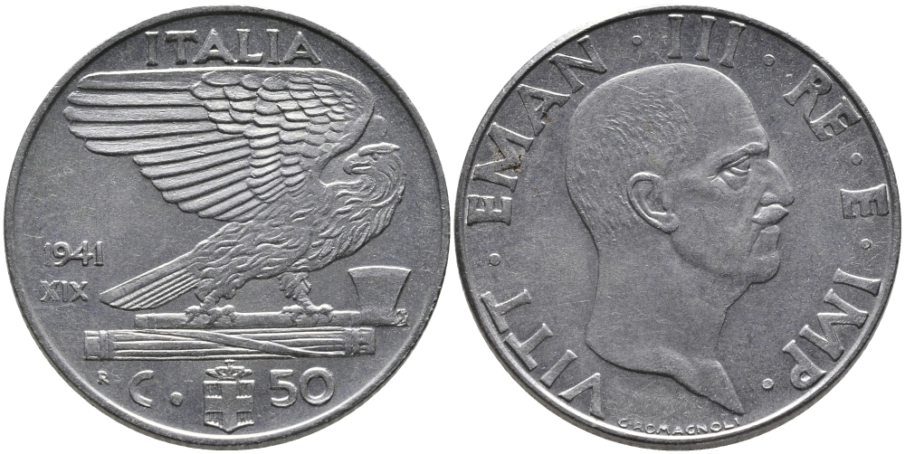 ИТАЛИЯ 50 ЧЕНТЕЗИМО 1941 R, ВИКТОР ИМАНУИЛ, XIX ГОД, МАГНИТНАЯ KM 76b нержавеющая сталь 89-423