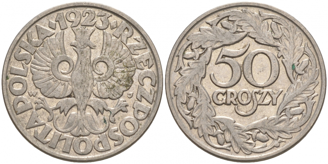 Польша 50 грошей 1923 Республика KM 13, Parchimowicz 106 никель 3853-135