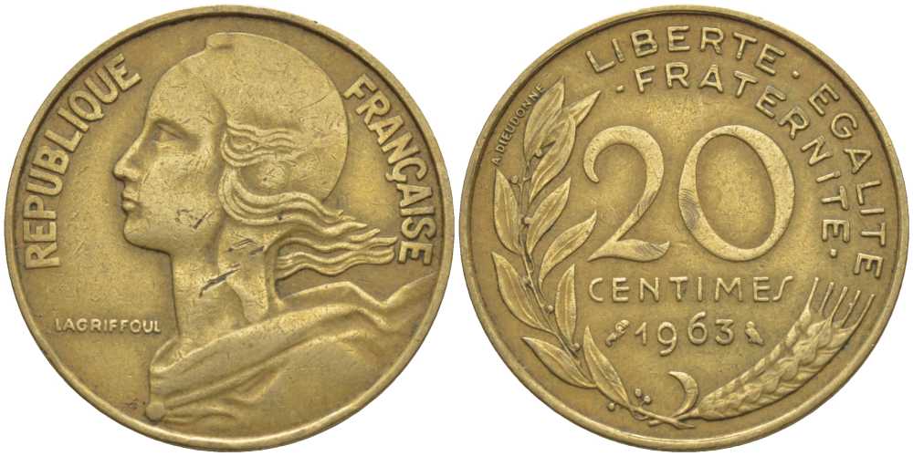 ФРАНЦИЯ 20 САНТИМОВ 1963 ТИП MARIANNE KM 930, LE FRANC 156.3 медь алюминий никель 175-757