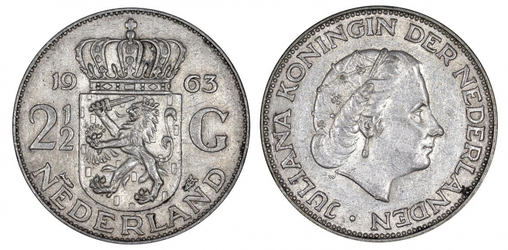 Нидерланды 2 1/2 гульдена 1963 Юлиана (1949-1980) KM 185 серебро 413-3644