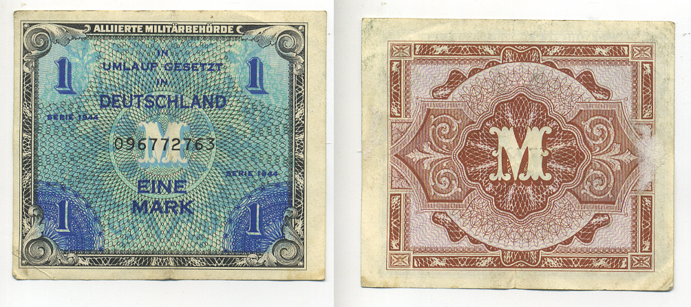 Германия, оккупация союзниками 1 марка 1944 9 цифр, без кода, выпуск СССР Pick 192 b бумага 7183-1-2-2