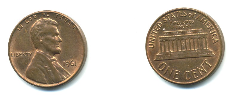 США 1 цент 1961 Авраам Линкольн KM 201 медь цинк 54-145