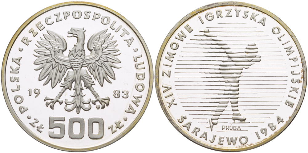 Польша 500 злотых 1983 MW, XIV зимние олимпийские игры в Сараево 1984 года, конькобежец, PROBA, пробный выпуск, тираж 6000 экземпляров KM Pr 496, Parchimowicz P.459a серебро PROOF 1085-1-65