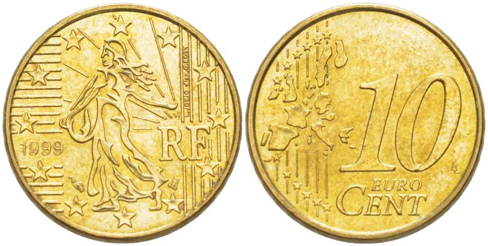 Франция 10 евроцентов 1999 KM 1285 латунь 217-315