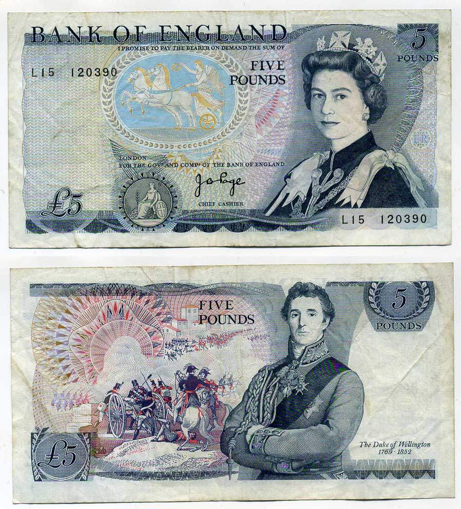 Англия 5 фунтов 1973-1980 Артур Уэлсли Веллингтон, подпись J.B. Page Pick 378 b бумага 7203-3-3-1