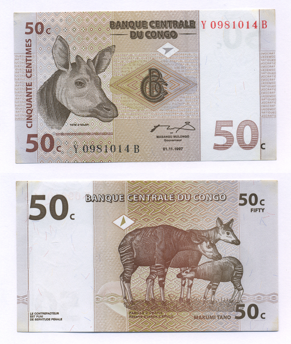 ДР Конго 50 сантимов 1997 окапи, резервация Эпулу Pick 84 a бумага UNC (пресс) 7222-73-1