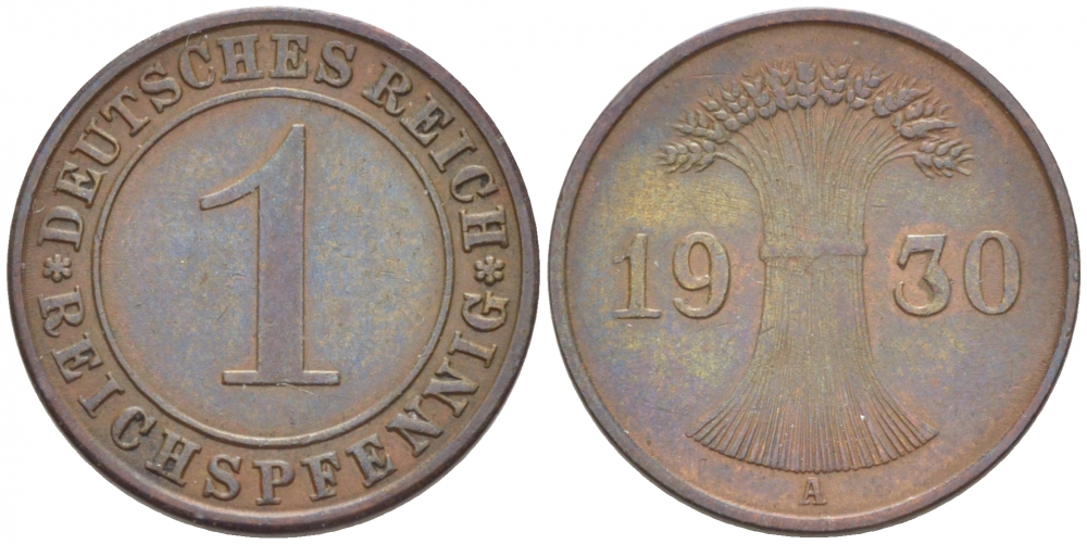 ГЕРМАНИЯ 1 РЕЙХСПФЕННИГ 1930 A KM 37, J. 313 бронза 116-757
