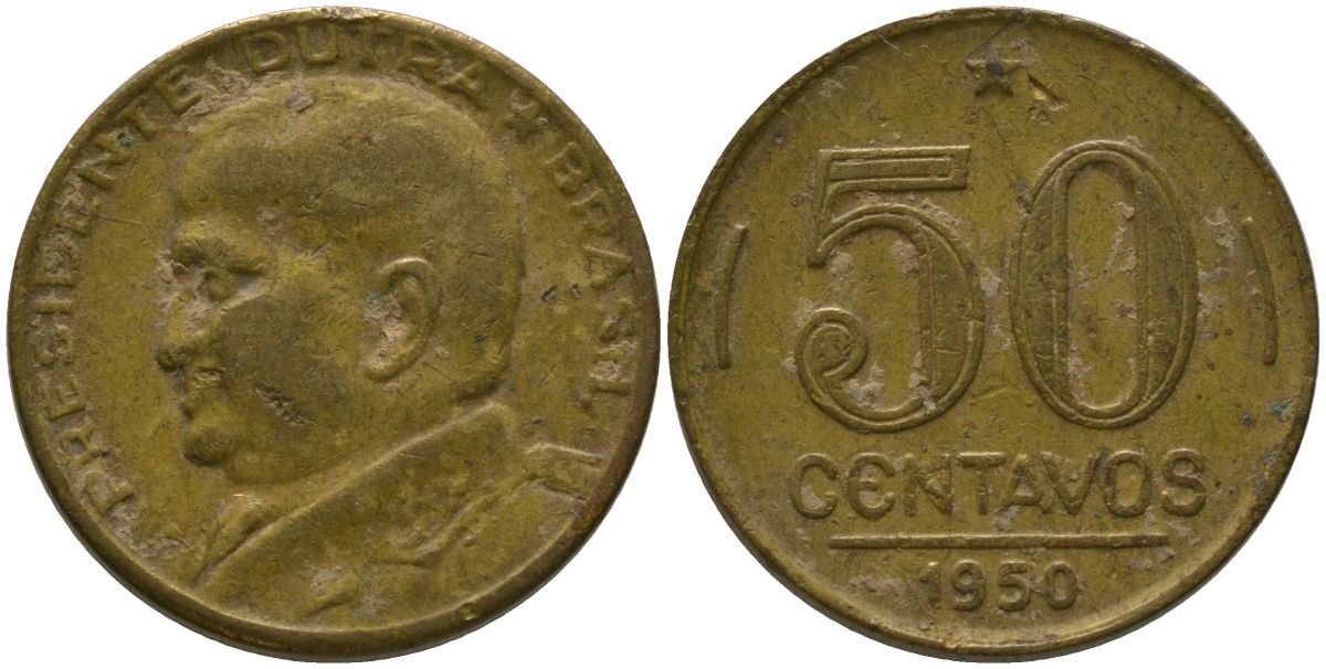 Бразилия 50 сентаво 1950 Эурику Дутра KM 563, Schon 68 алюминиевая бронза 4575-1222