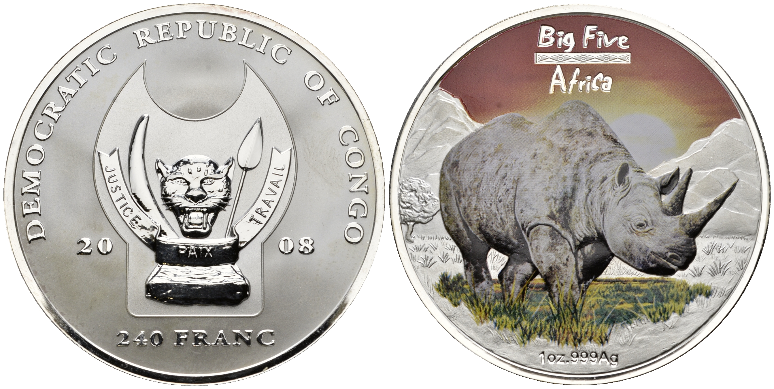 ДР Конго 240 франков 2008 серия 5 крупнейших животных Африки (Big Five), носорог, цветная эмаль  серебро  PROOF  11-147-35