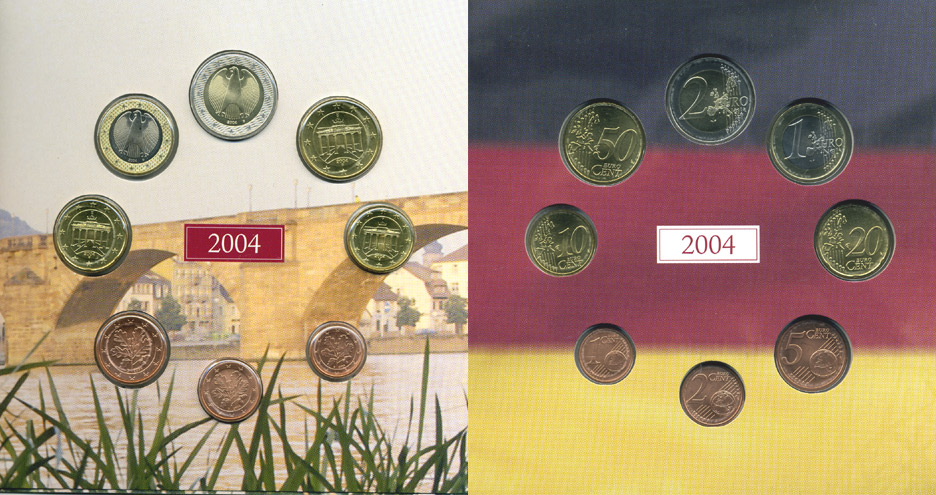 Германия набор из 3 евронаборов по 8 монет 2002-2004 буква D, мондвор Мюнхен, оригинальный набор в картонном буклете UNC 2-5-1-09