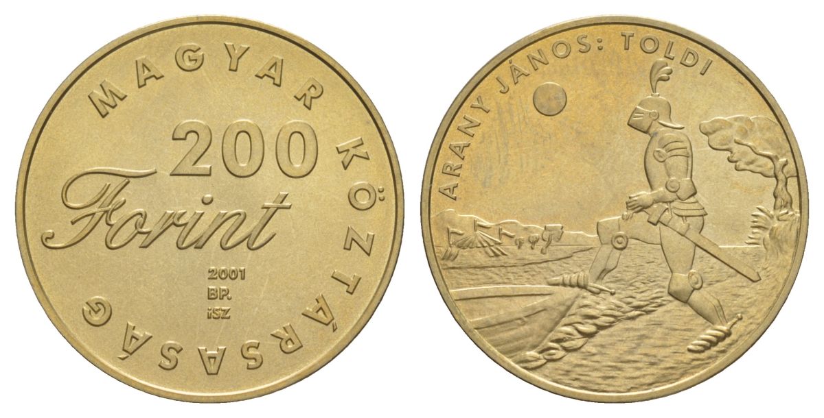 Венгрия 200 форинтов 2001 Детская литература - Янош Арань, "Толди" KM 756 латунь BU 4599-1145