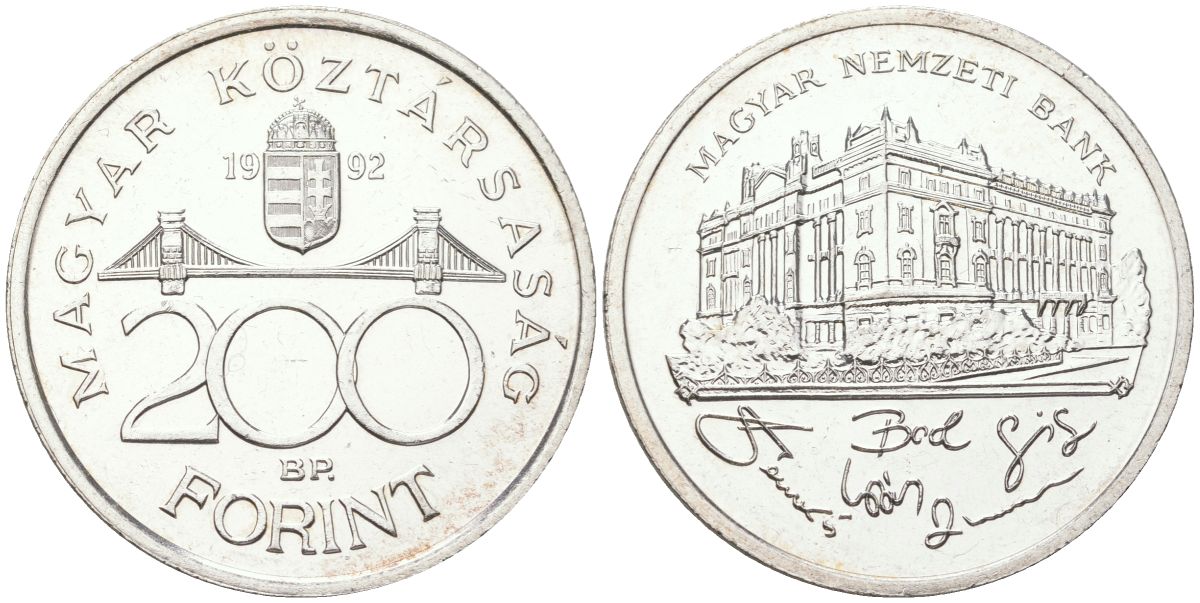 Венгрия 200 форинтов 1992 BP, национальный банк KM 689 серебро UNC 4574-1211