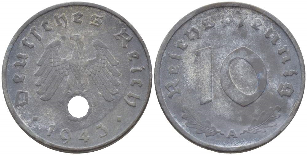 ГЕРМАНИЯ 10 РЕЙХСПФЕННИГОВ 1943 А KM 101, J. 371 цинк 4523-315