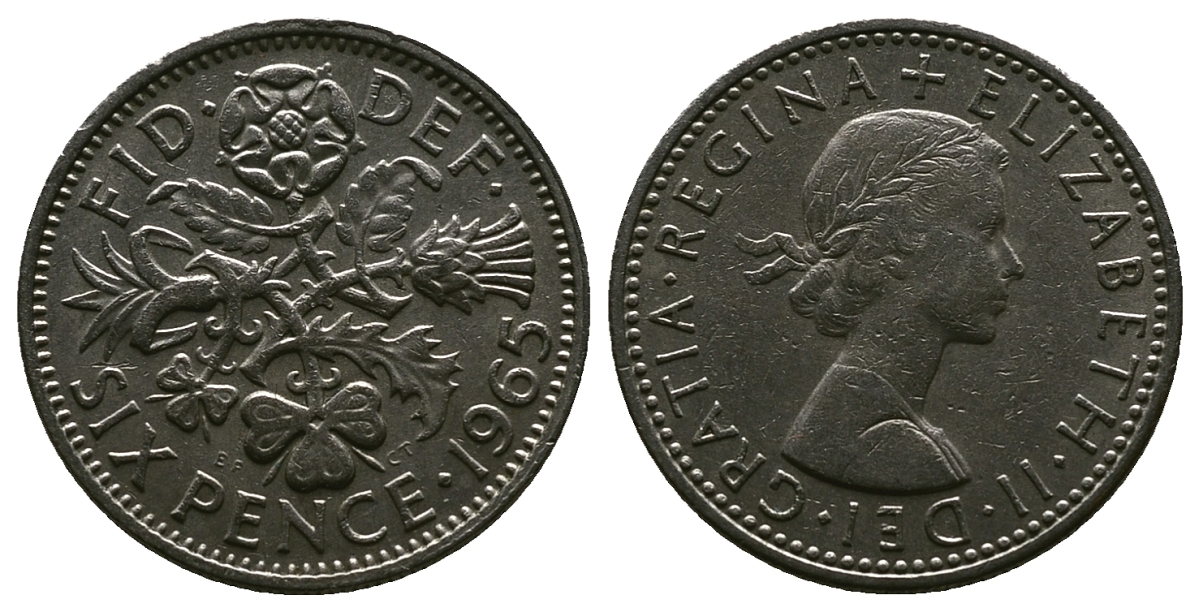 Великобритания 6 пенсов 1965 Елизавета II (1952-2022) KM 903, Spink 4149 медно-никель 4381-832